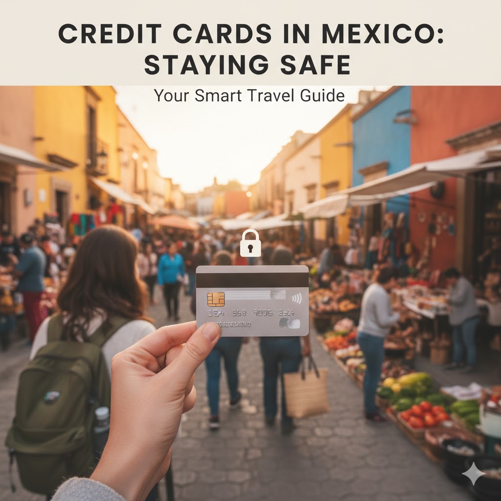 A stylized illustration of various payment cards and a smartphone with payment apps, set against a vibrant, abstract background that evokes Mexican culture.